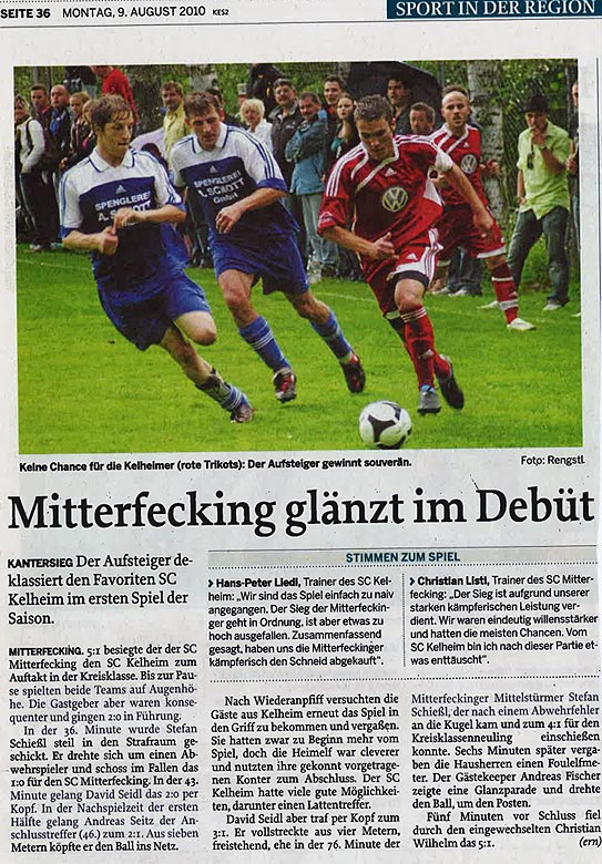 1. Punktspiel in der Kreisklasse, Mitterfecking glänzt im Debüt 1. Punktspiel in der Kreisklasse, Mitterfecking glänzt im Debüt